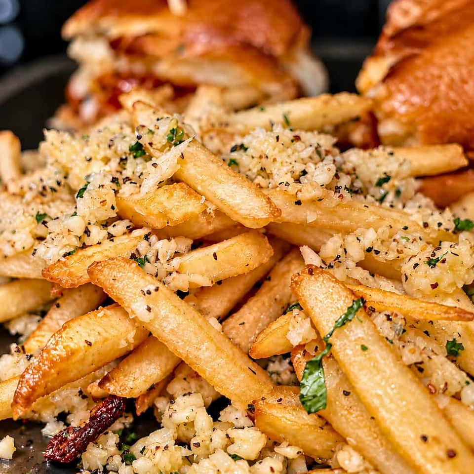 Golden fries topped with seasoned rice, herbs, and spices, served alongside stacked toasted burgers on a dark plate.