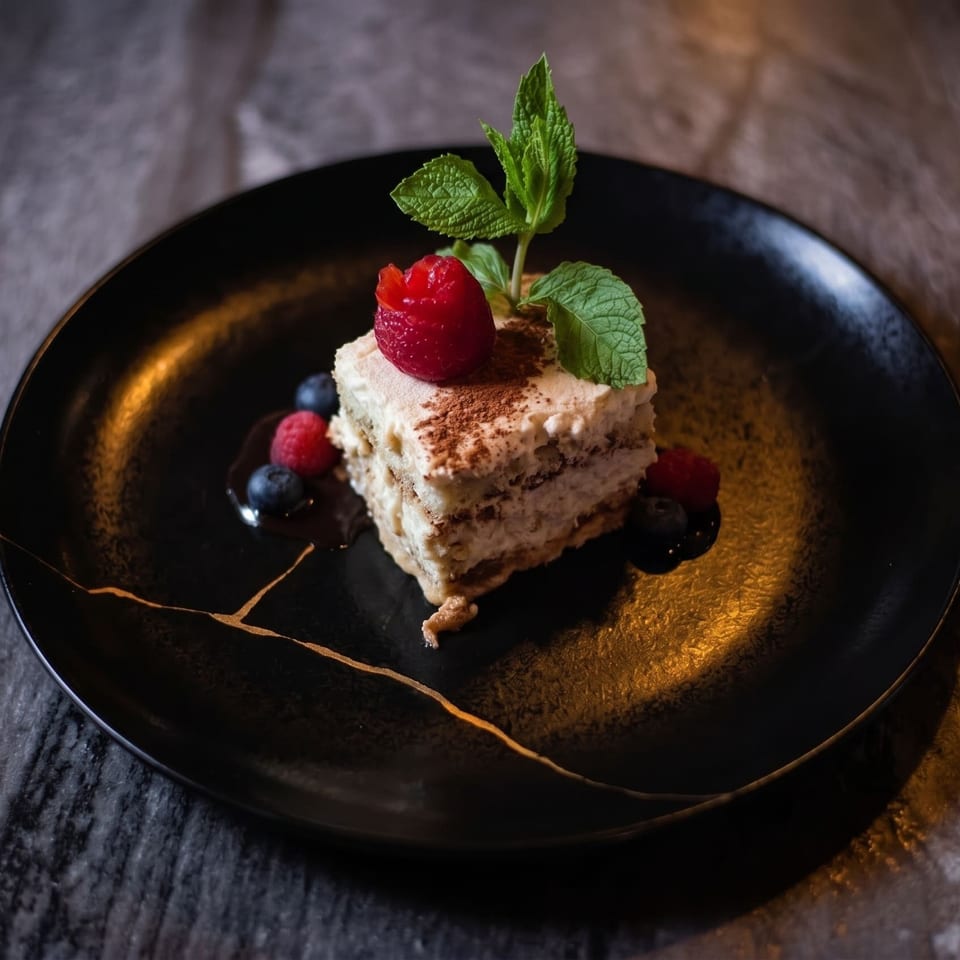 Tiramisu dessert with berries and mint on a black plate with gold accents.