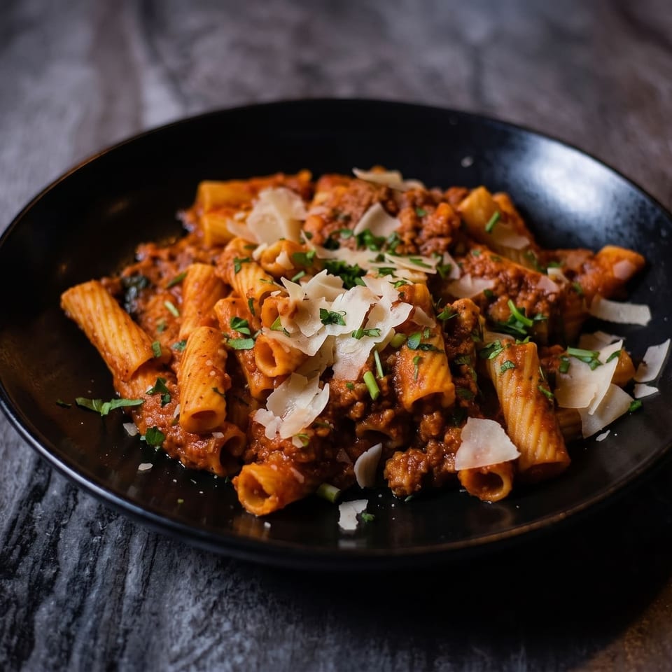 Rigatoni pasta with rich bolognese sauce, parmesan shavings, and fresh parsley in a black bowl.