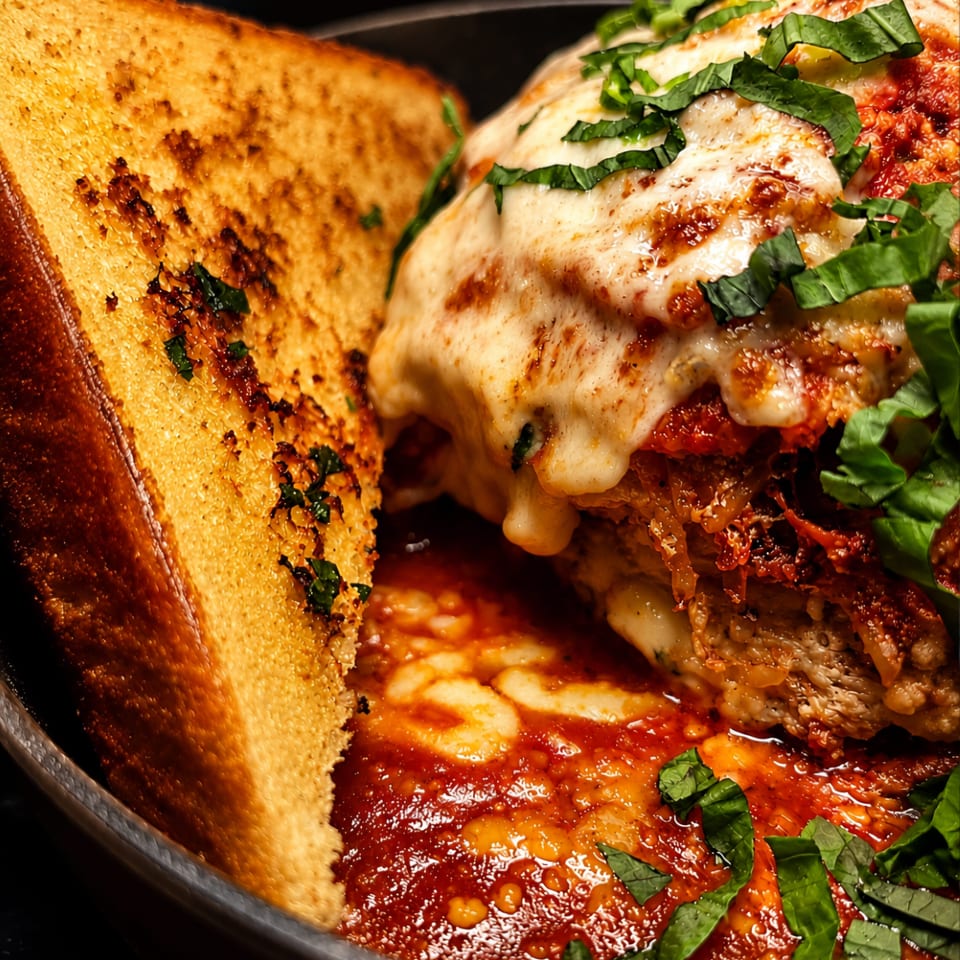 Close-up of cheesy stuffed bread and meatballs in tomato sauce, garnished with fresh basil on a dark plate.