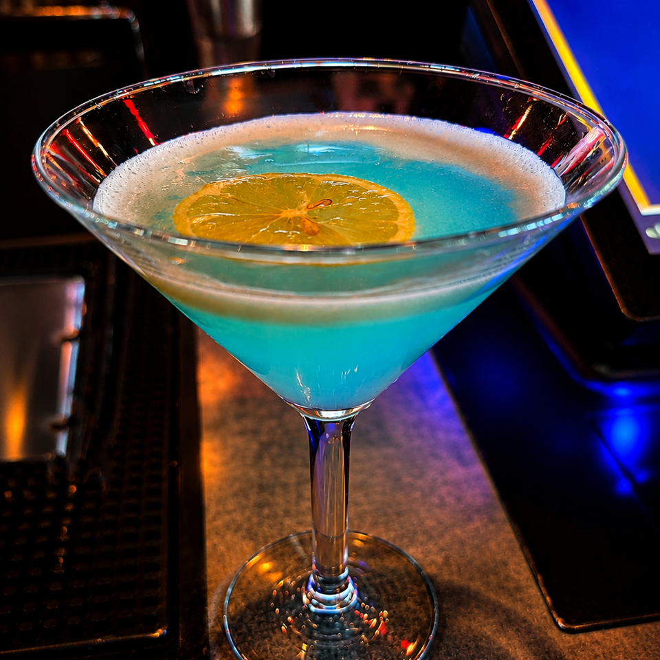 Bright turquoise cocktail with a lemon slice in a martini glass on a warmly lit bar counter.