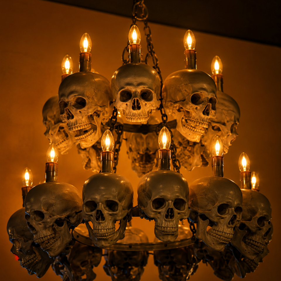 Ornate chandelier featuring numerous skull-shaped fixtures and glowing candle bulbs in a warmly lit restaurant interior.
