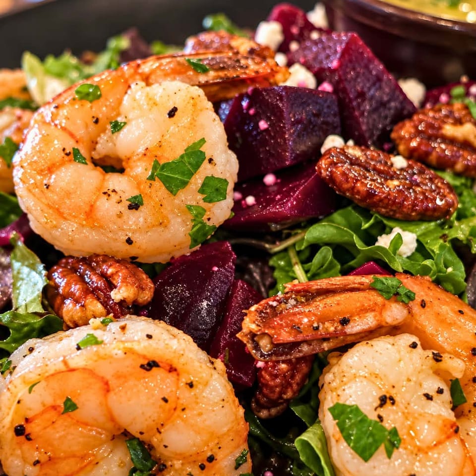 Grilled shrimp salad with roasted beets, candied pecans, leafy greens, feta, and creamy dressing.